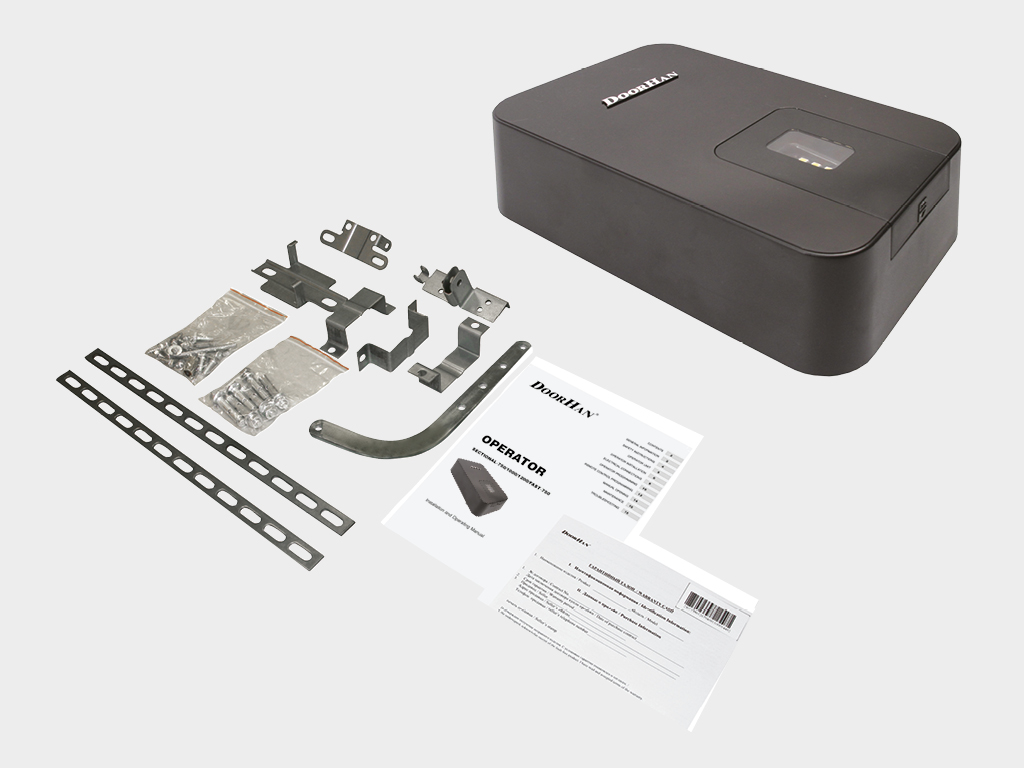 Drive, curved rod, TRANSMITTER 2-PRO-BLACK remote control, set of brackets, set of hardware, operating instructions.